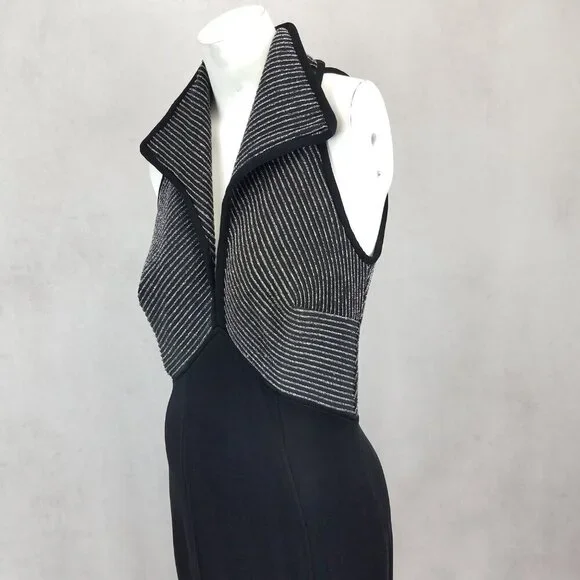 Tadashi Shoji Size M Long Maxi Evening Dress Front Slit Black / Silver Vintage - Picture 5 of 13